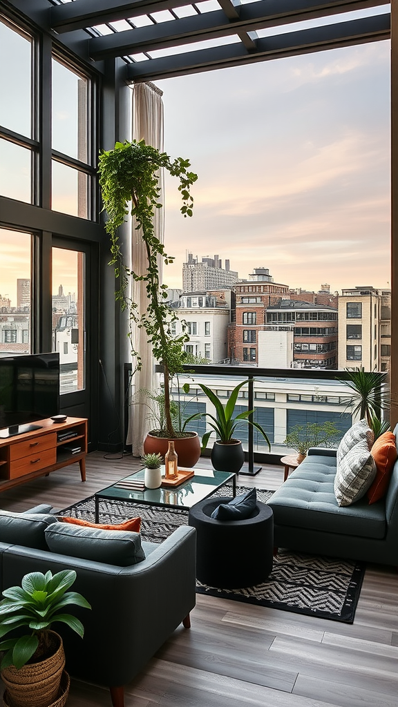 A stylish urban townhouse interior featuring large windows, plants, and modern furniture.