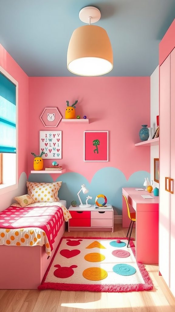 A colorful child’s bedroom with pink walls, blue ceiling, playful decor, and cozy furnishings.