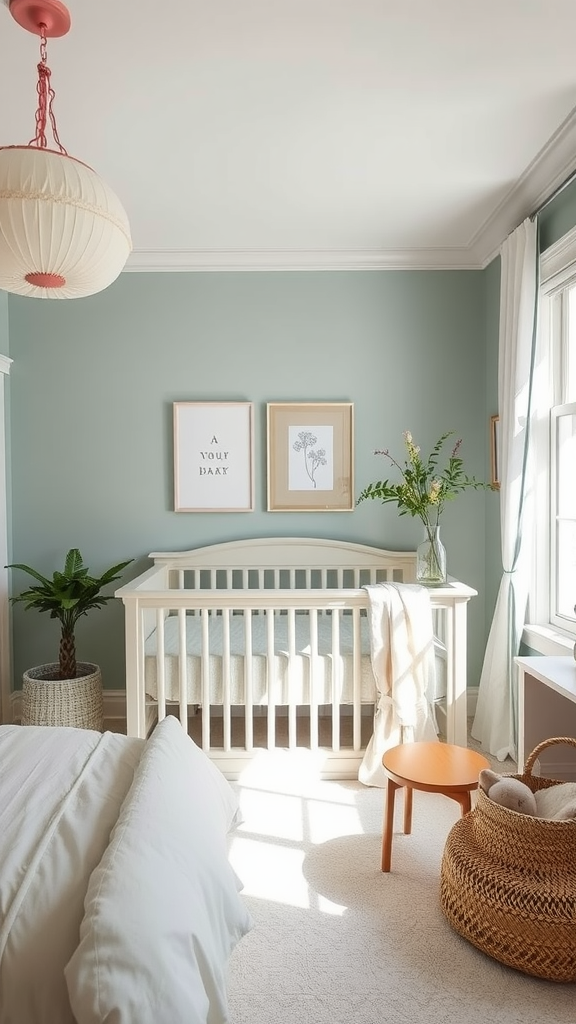 A serene nursery with soft green walls, a light-colored crib, and calming decor.
