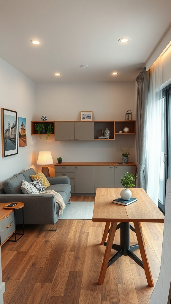 A cozy living space featuring a gray sofa, wooden table, and minimalist decor.