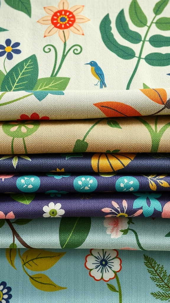 A stack of colorful, patterned fabrics featuring floral and leafy designs, showcasing sustainability.