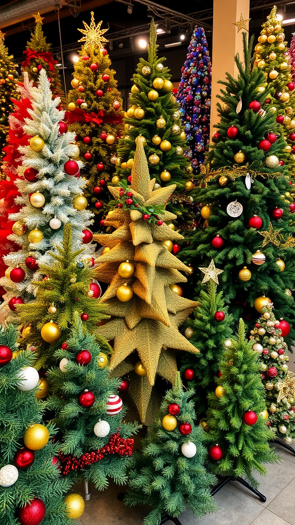 A vibrant display of Christmas trees in various colors and decorations, featuring a unique golden tree at the center.