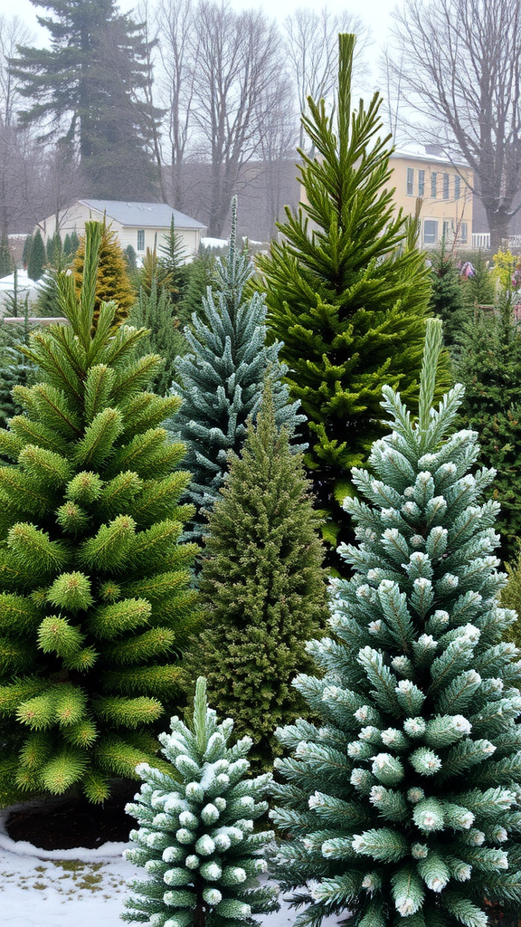 A selection of various Christmas trees in a snowy setting, showcasing different species and sizes.