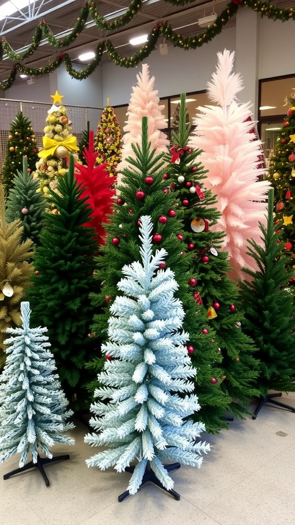A variety of colorful Christmas trees on display, including traditional green and vibrant pink and blue options.