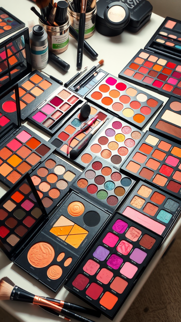 An assortment of colorful eyeshadow palettes displayed on a table with makeup brushes