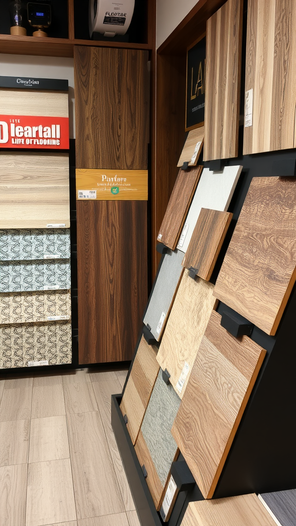 Display of various flooring samples in a store, showcasing different textures and colors.