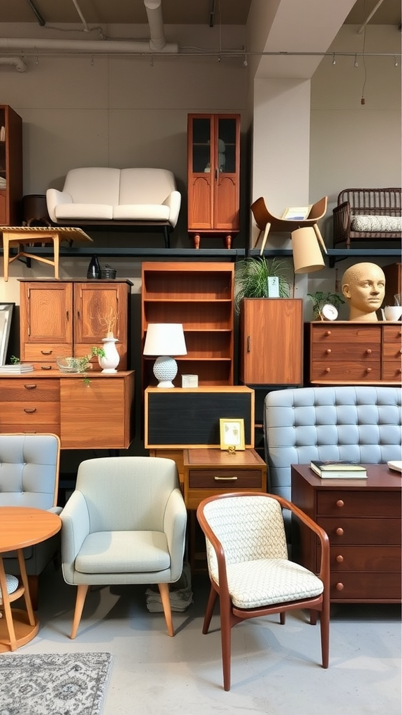 A display of various furniture pieces including chairs, tables, and cabinets in a modern showroom.