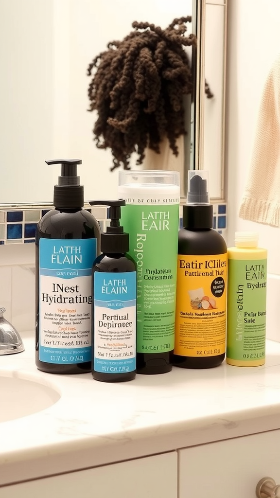 A collection of various hair products on a bathroom countertop.