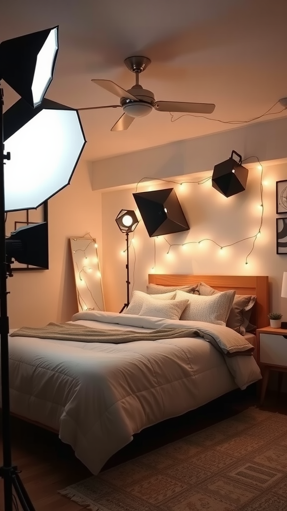 A cozy bedroom with various lighting setups including softbox lights and string lights.
