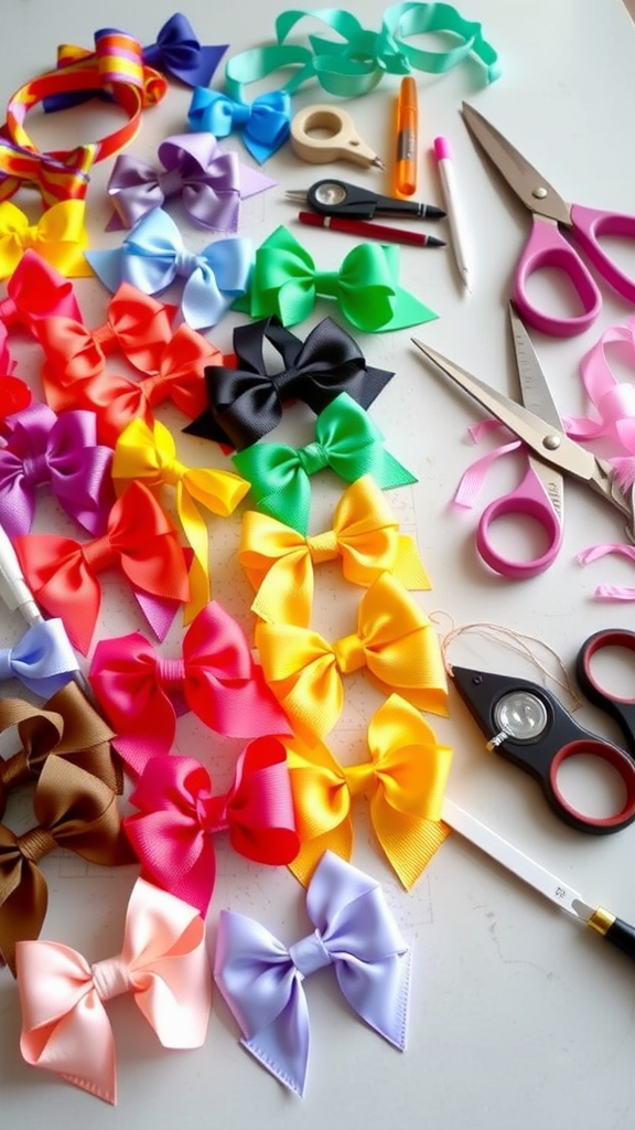 A vibrant collection of colorful hair bows and crafting supplies scattered on a table.