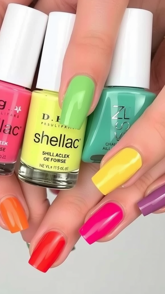 A hand showing short nails painted in vibrant shellac colors with three bottles of nail polish.