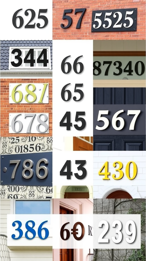 A collage of various house numbers in different styles and colors.