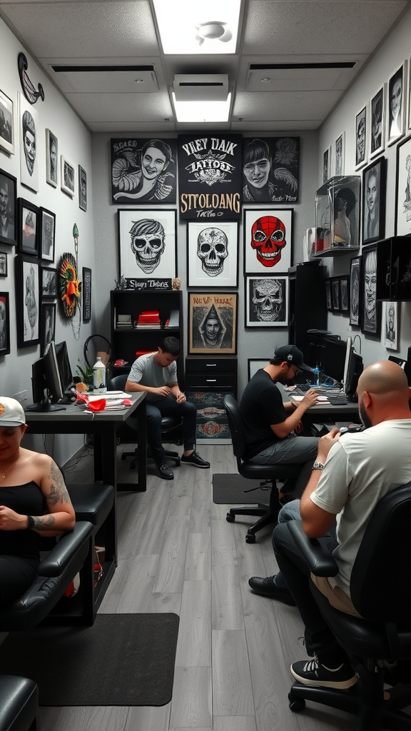 Interior of a tattoo shop with artists working and various tattoo designs displayed on the walls.