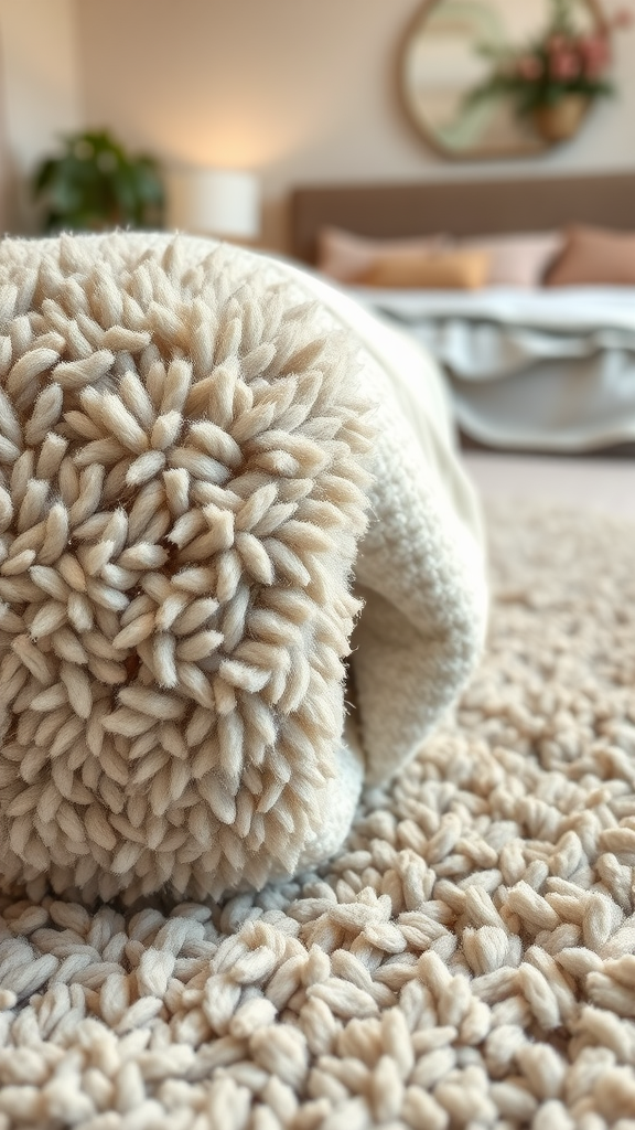 A close-up of a soft blanket on a fuzzy carpet, creating a cozy atmosphere.