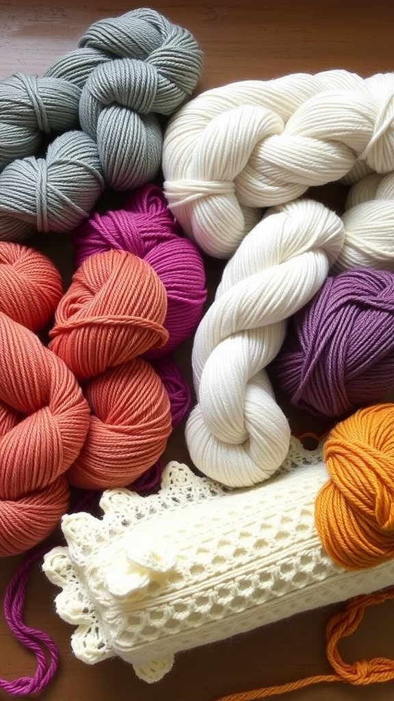 Various colorful yarns arranged, suitable for hairpin lace projects.