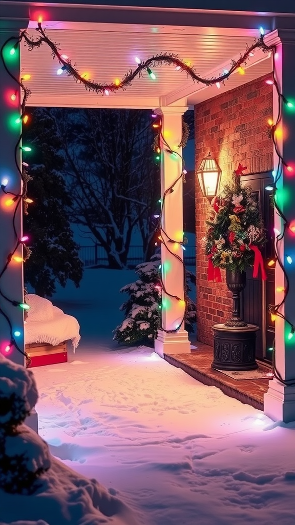 A beautifully lit porch decorated with colorful Christmas lights and a festive wreath, surrounded by snow.
