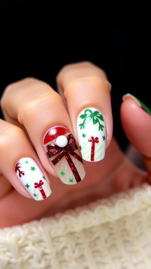 Nail art featuring Christmas presents and festive designs