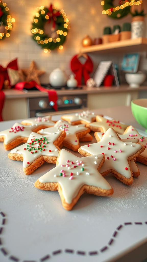 Star-shaped cookies decorated with icing and sprinkles on a kitchen countertop, with Christmas wreaths in the background.