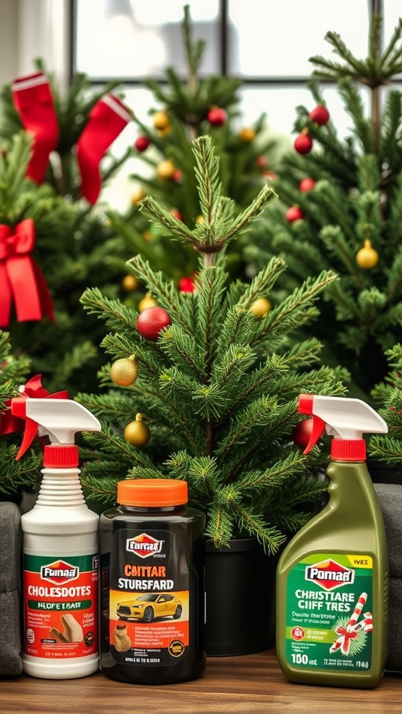 Image of Christmas tree care products next to small decorated trees