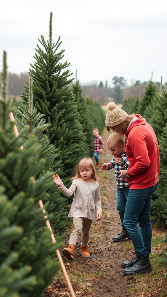 A family exploring a Christmas tree farm, with a little girl walking and her family members looking at trees.