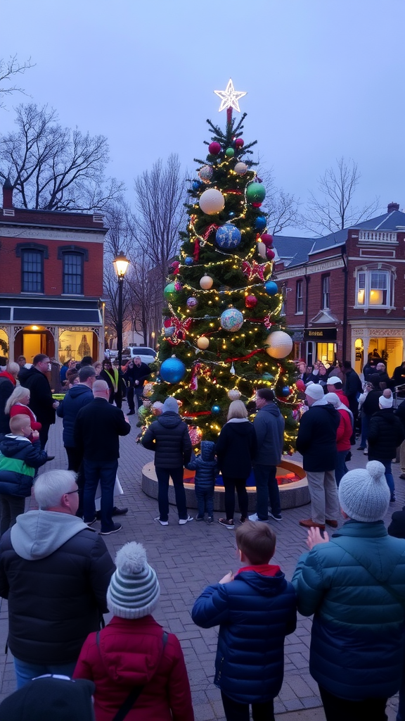 A crowd gathers around a brightly lit Christmas tree during a lighting ceremony, with festive decorations and a star on top.