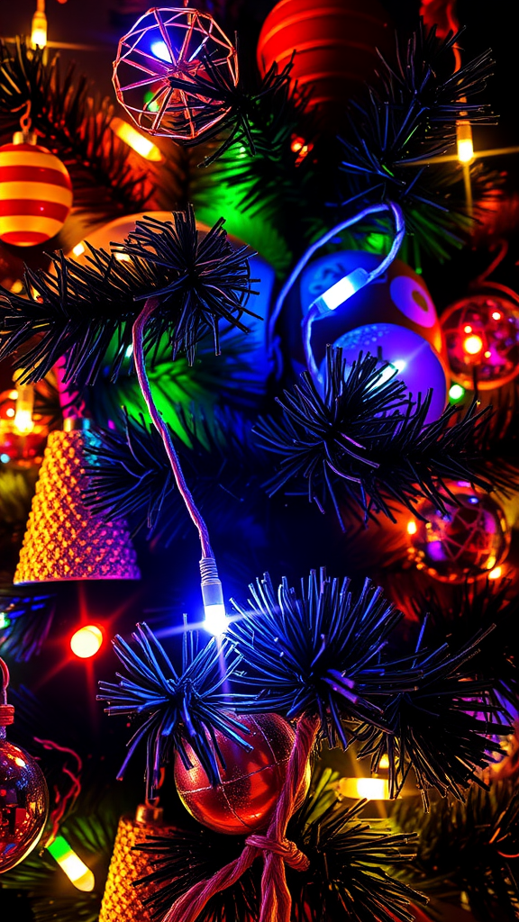 A close-up of a Christmas tree featuring colorful lights and ornaments.