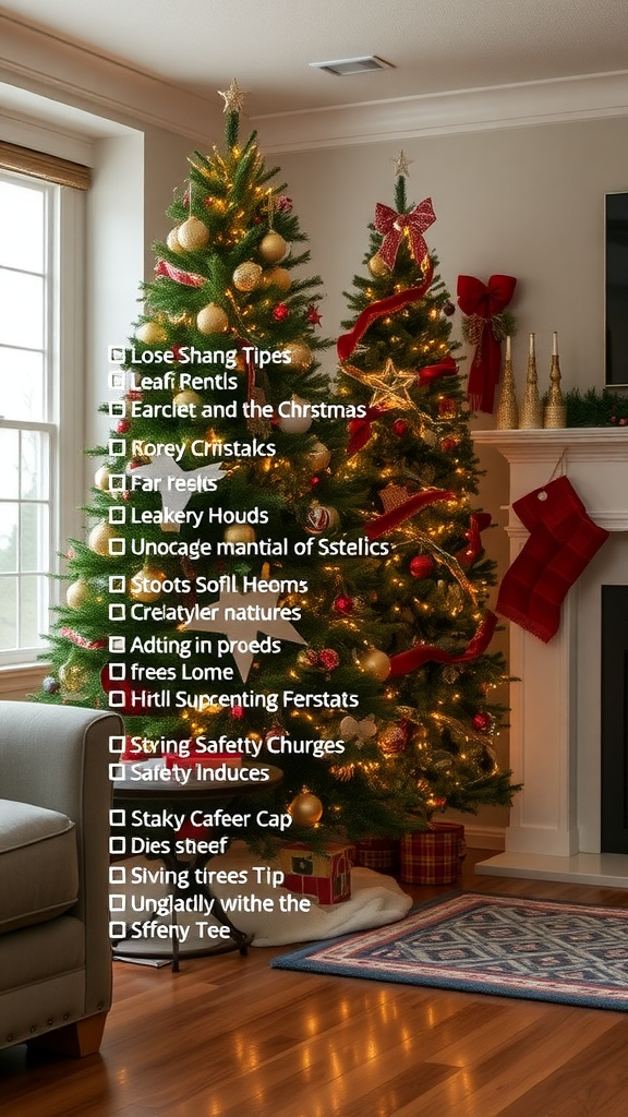 Christmas trees decorated with lights and ornaments, highlighting safety tips for tree setup