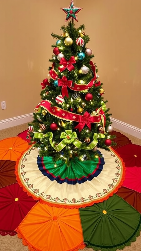 A festive Christmas tree with colorful ornaments and a vibrant, layered tree skirt.