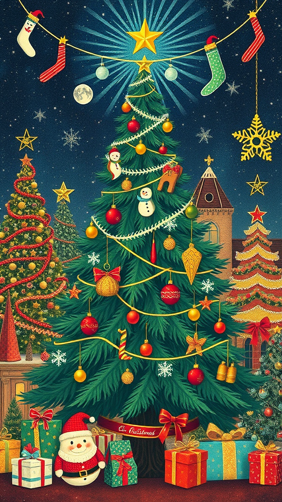 A vibrant Christmas tree adorned with colorful ornaments, presents, and festive decorations, set against a starry night sky.