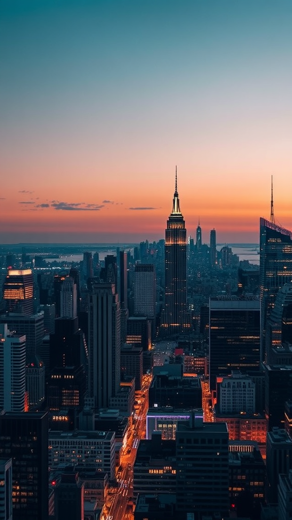 City skyline at dusk with the Empire State Building illuminated.