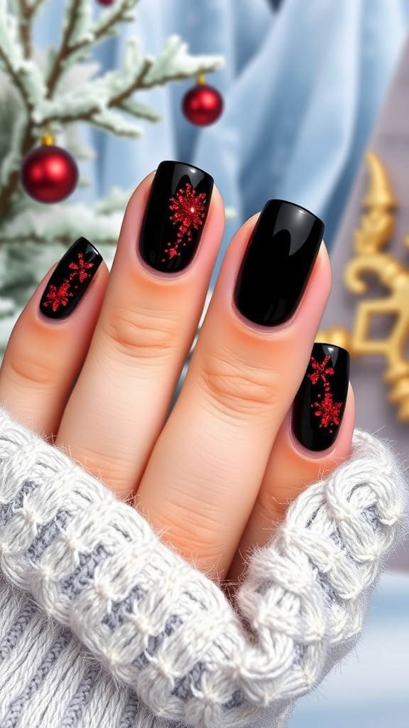 Close-up of hands with black nails featuring red glitter designs, holding a knitted sweater, with a festive background.