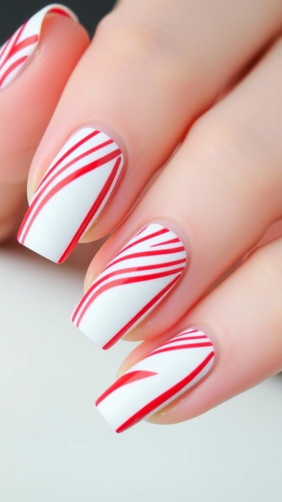 Nail art featuring candy cane stripes in red and white