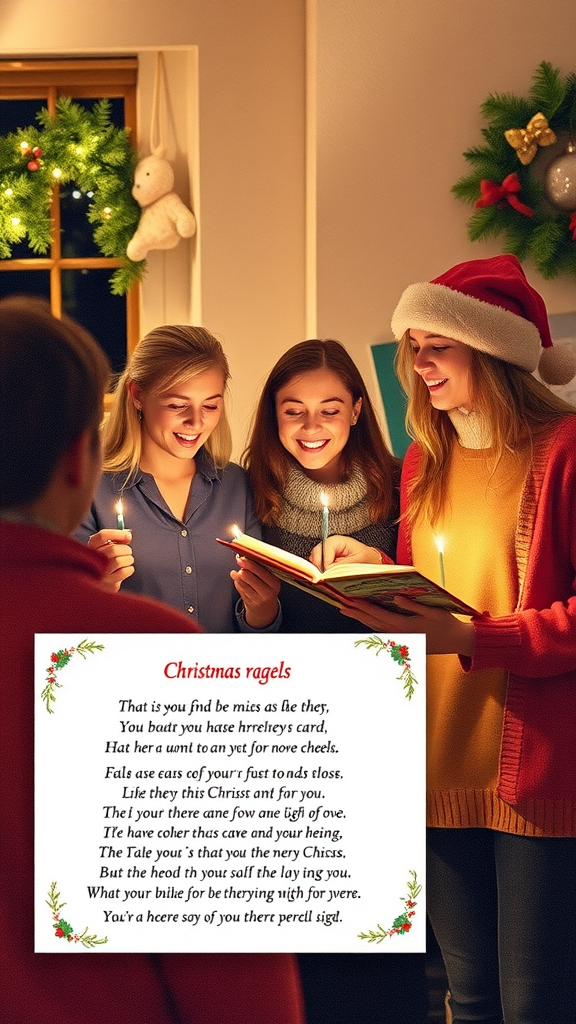 A group of friends joyfully singing Christmas carols together with candles and festive decorations.