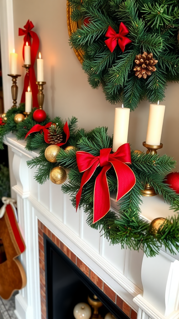 A beautifully decorated Christmas mantel with red bows, gold ornaments, candles, and a green wreath.