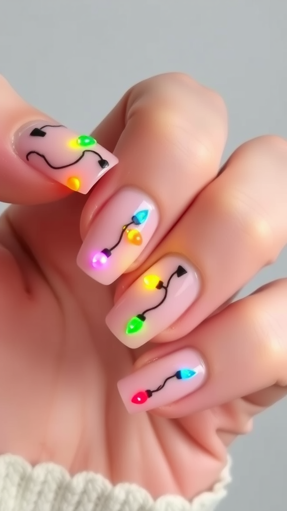 A close-up of hands showing nails painted with colorful Christmas lights