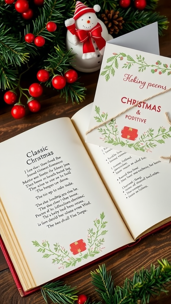 A festive scene featuring a Christmas poem book, a decorative card, and holiday decorations, including a snowman and pine branches.