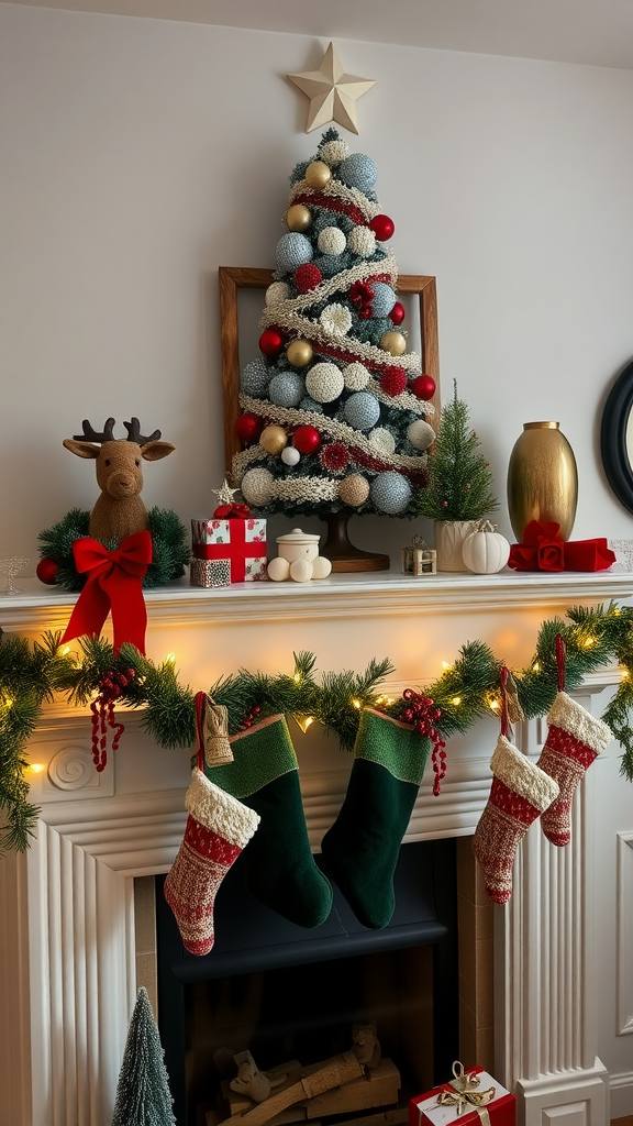 A beautifully decorated Christmas tree with colorful ornaments and stockings hung on a fireplace mantel.