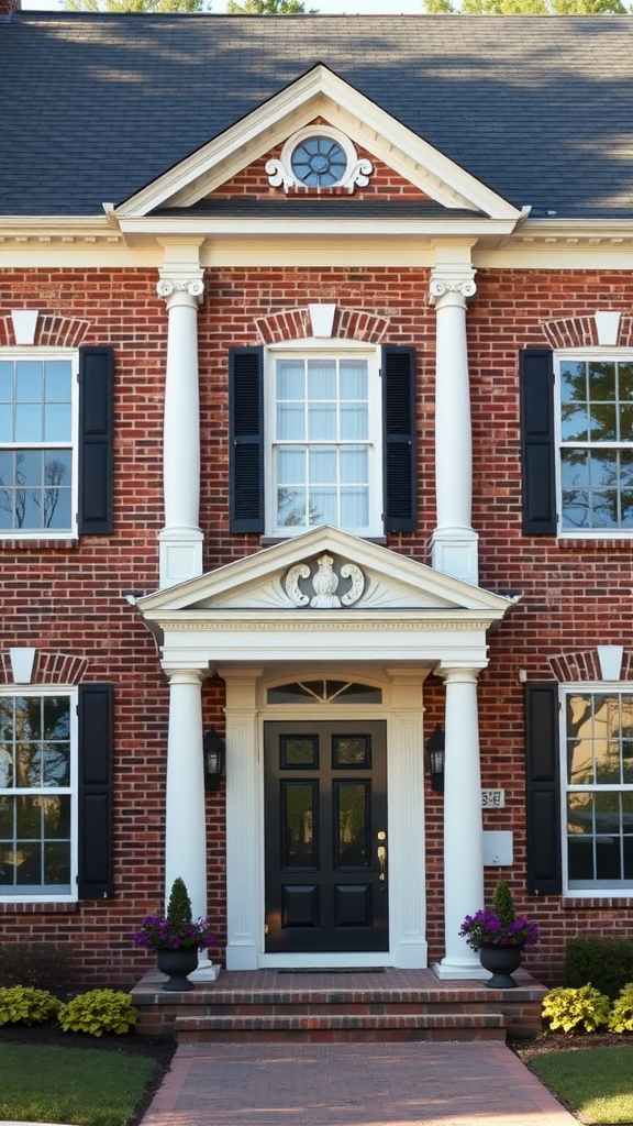 A classic colonial-style house with red brick exterior, white columns, and a black front door surrounded by flowers
