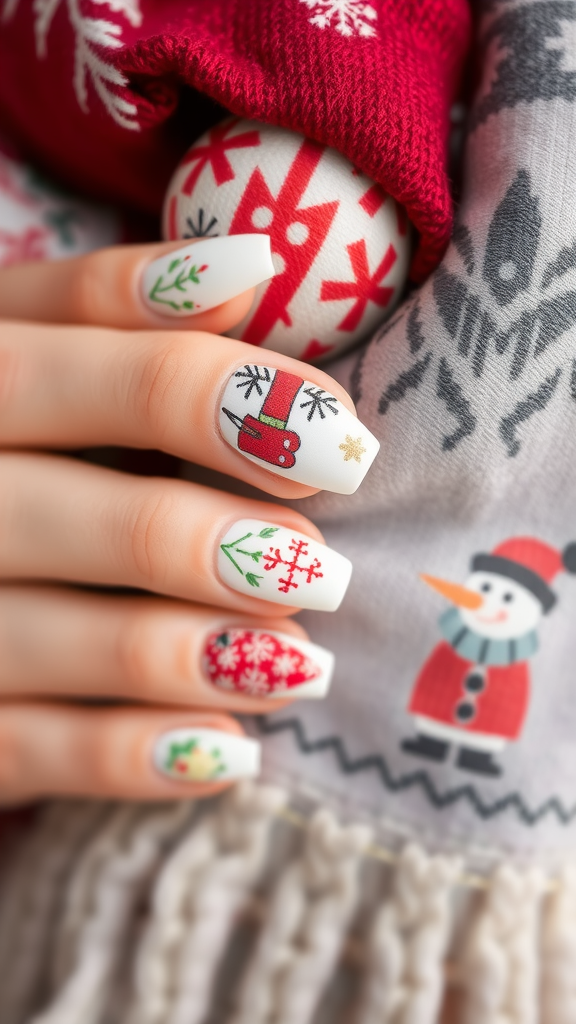 Festive nails with holiday designs featuring snowflakes and holly on a classic French manicure.