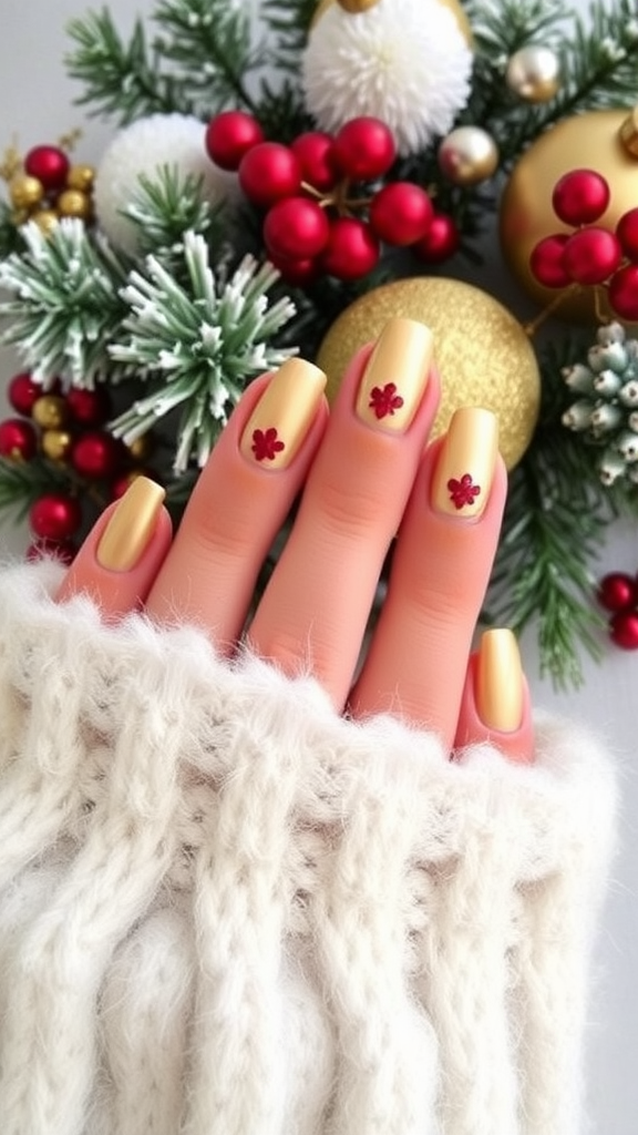 Nail design featuring classic gold with red flower accents, surrounded by festive decorations.