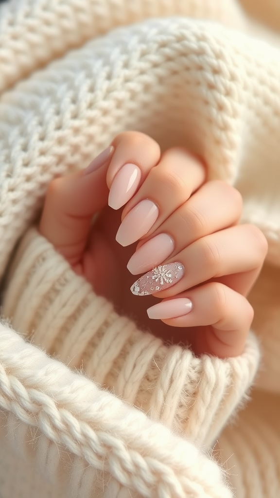 Elegant nude nails with a frosty design resting on a cozy knitted sweater.