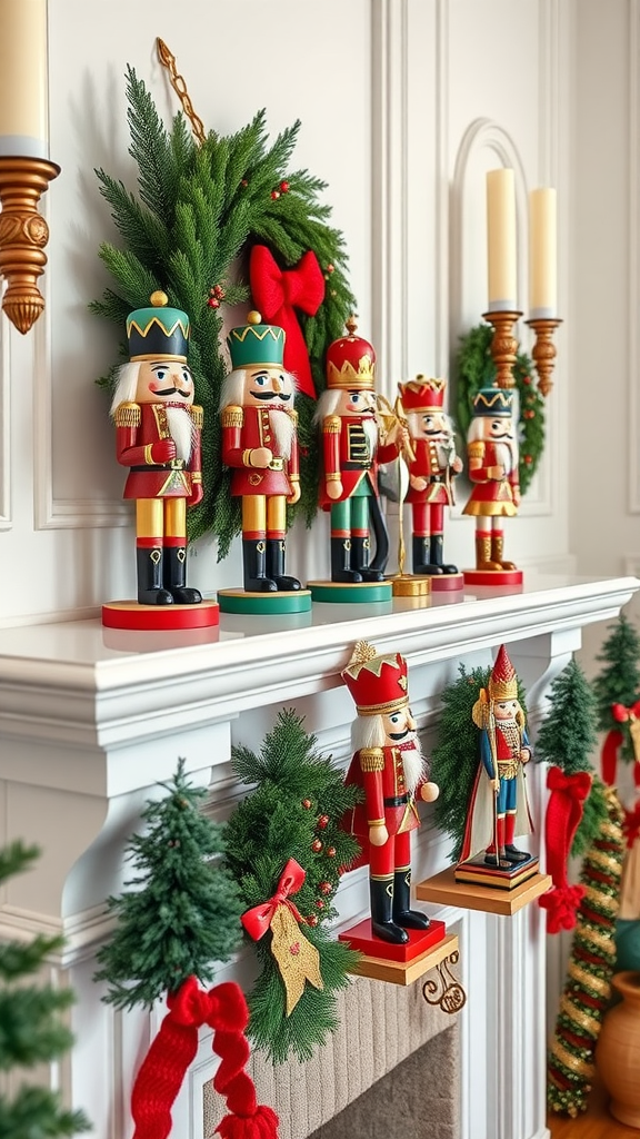 A collection of colorful nutcracker figures displayed on a mantel, surrounded by festive decorations.