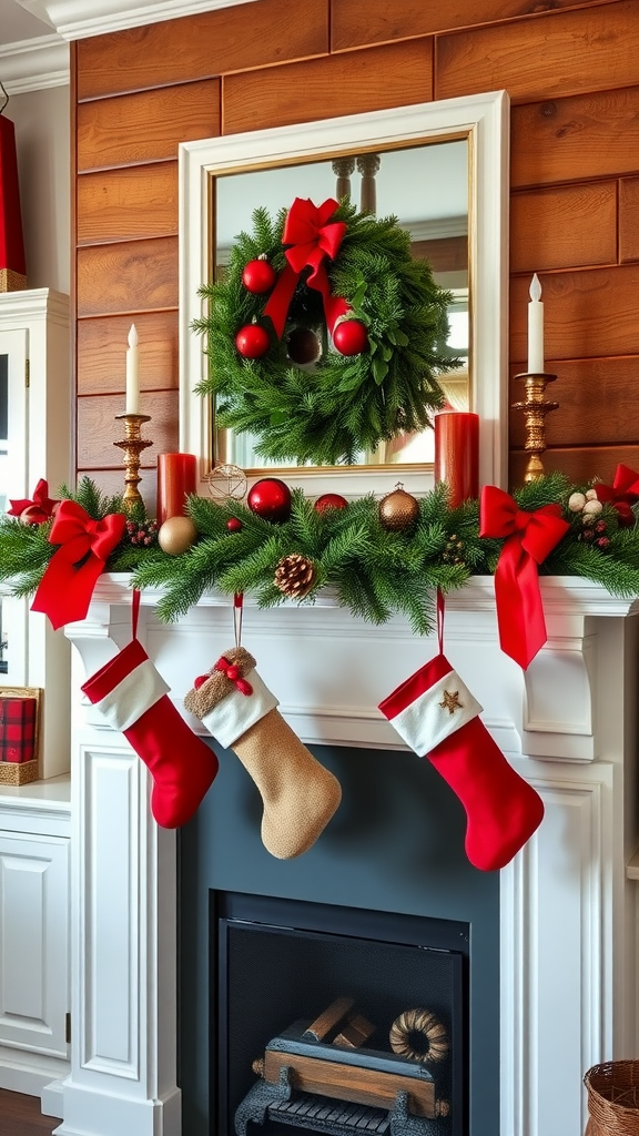 A festive holiday mantle decorated with red and green elements, including stockings and a wreath.