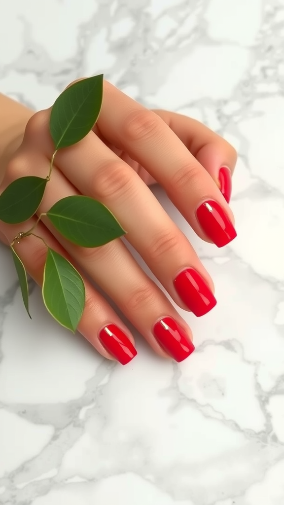 A hand with classic red nail polish and gold foil accents, holding green leaves against a marble background.