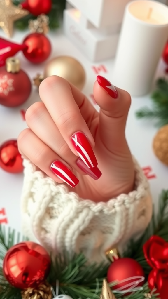 Close-up of a hand with classic red nails featuring white stripes, surrounded by holiday decorations.