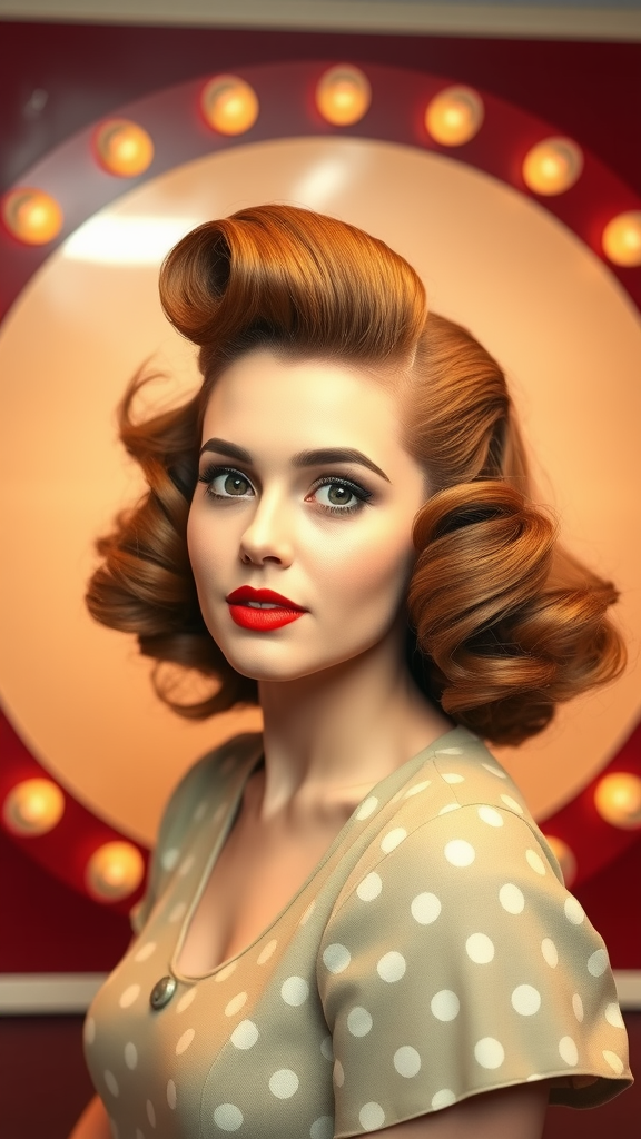 A woman with classic victory rolls hairstyle and red lipstick, wearing a polka dot dress, set against a vintage backdrop.