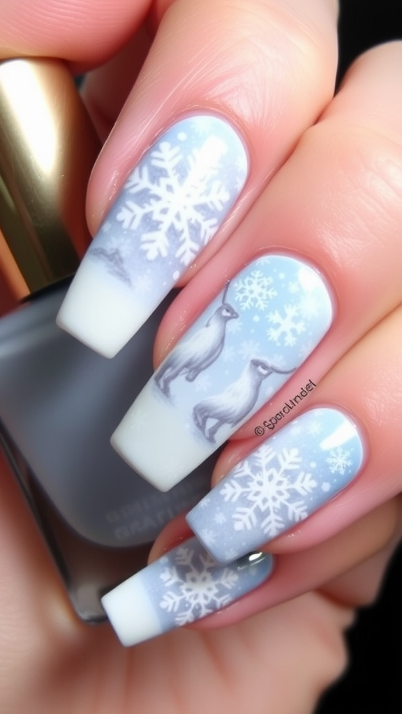 Nail art featuring blue winter scene with snowflakes and reindeer