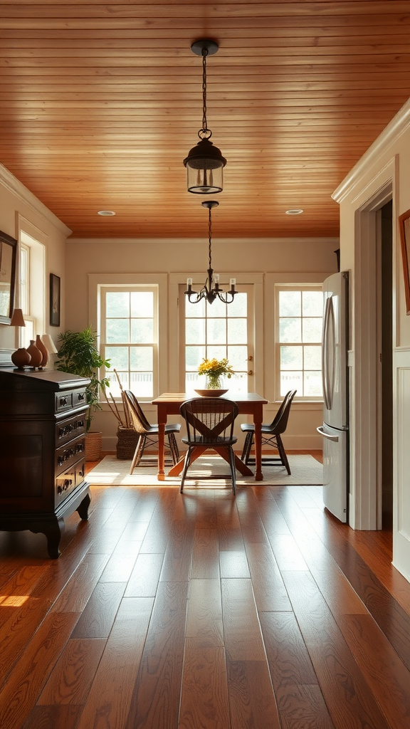 A cozy dining area featuring classic wooden floors and warm lighting.