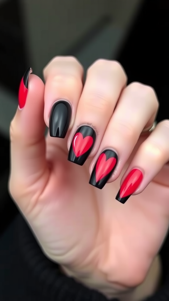 A hand displaying beautifully designed nails with black and red heart patterns.