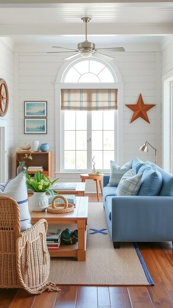 Cozy coastal living room with blue sofa, wooden coffee table, and decorative elements.